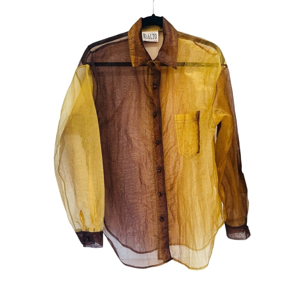 Rialto Collection by Joy Perreras Sheer Shirt Top Brown Gold Lightweight